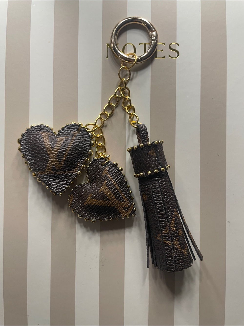 Brown Leather Tassel Keychain double heart decor